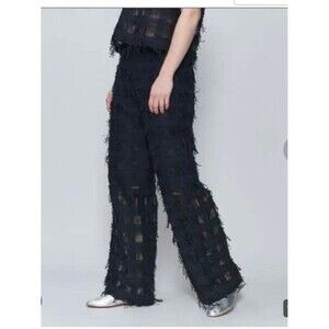 6(ROKU) Block Mesh Fringe Pants Black Women's sz S Avant Garde Statement Trouser